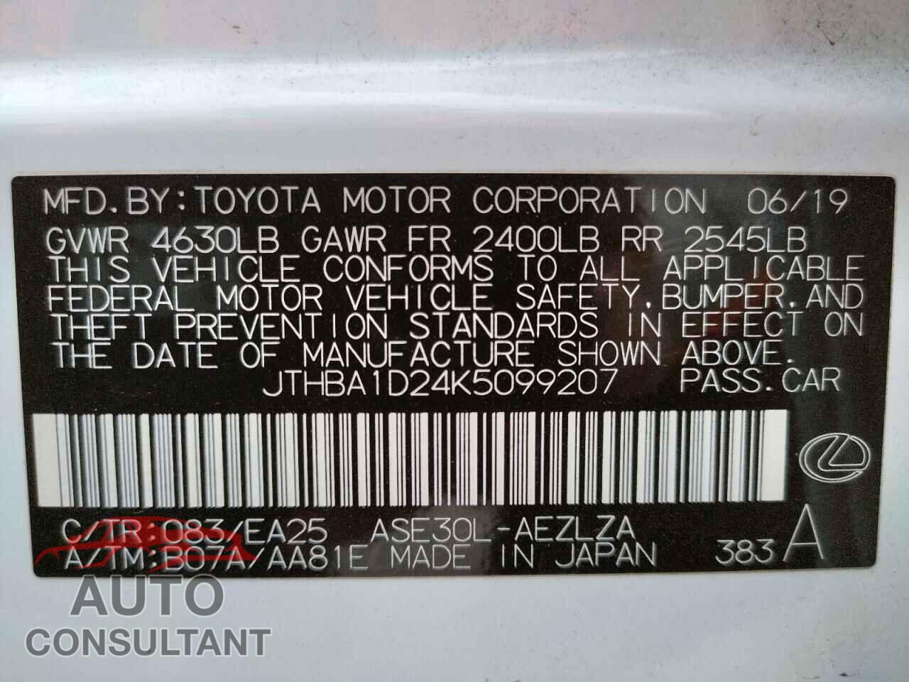 LEXUS IS 2019 - JTHBA1D24K5099207