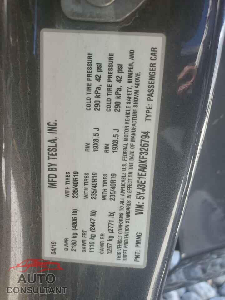 TESLA MODEL 3 2019 - 5YJ3E1EA0KF326794