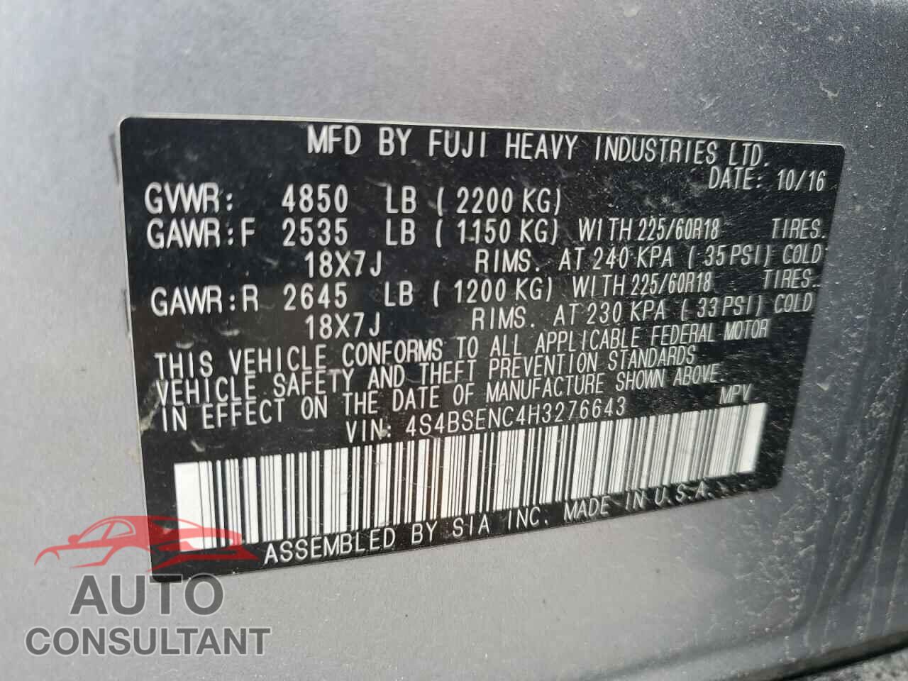 SUBARU OUTBACK 2017 - 4S4BSENC4H3276643
