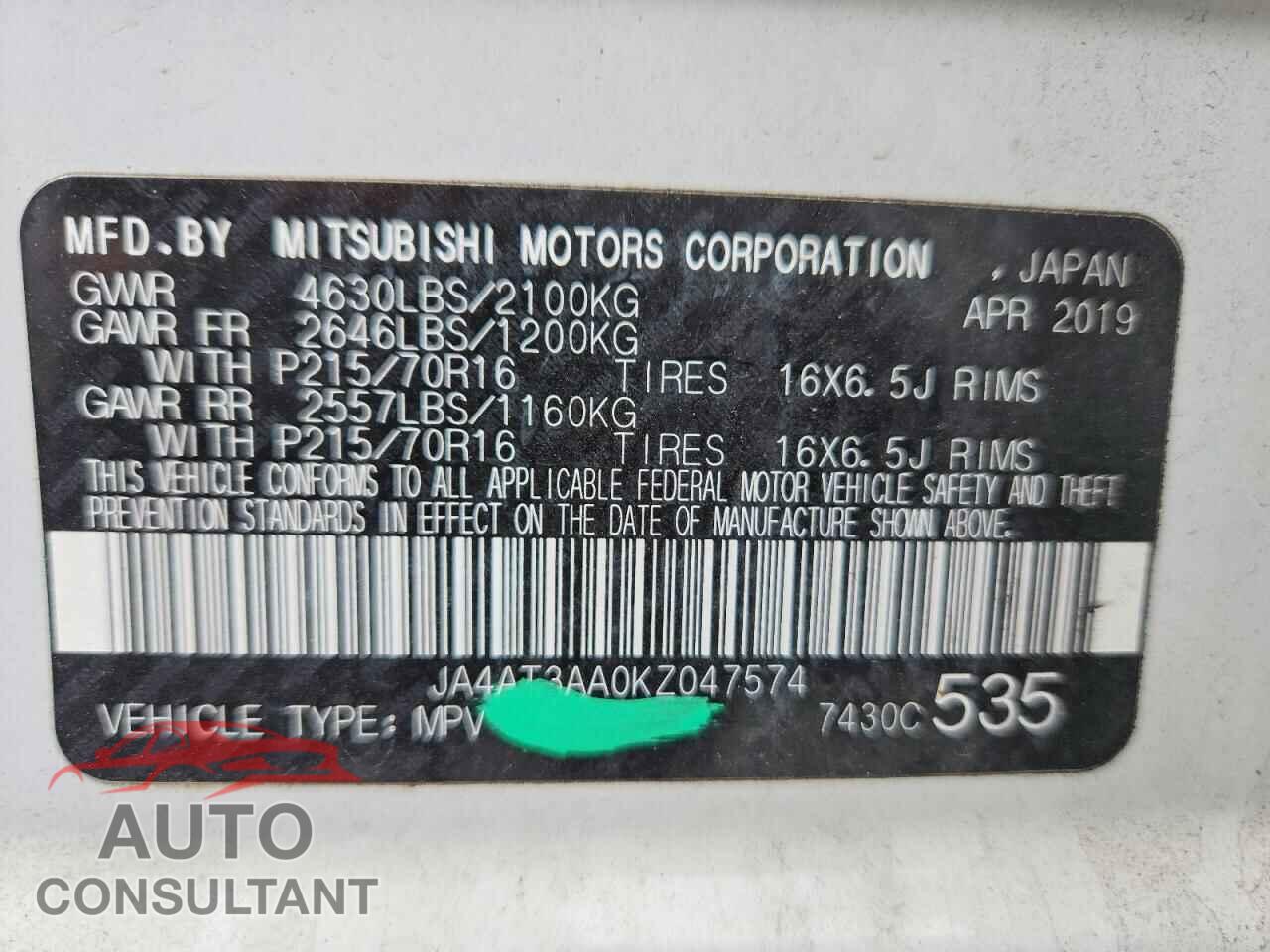 MITSUBISHI ECLIPSE 2019 - JA4AT3AA0KZ047574