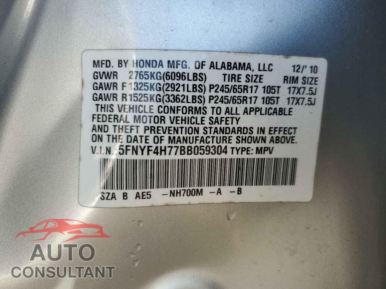 HONDA PILOT 2011 - 5FNYF4H77BB059304