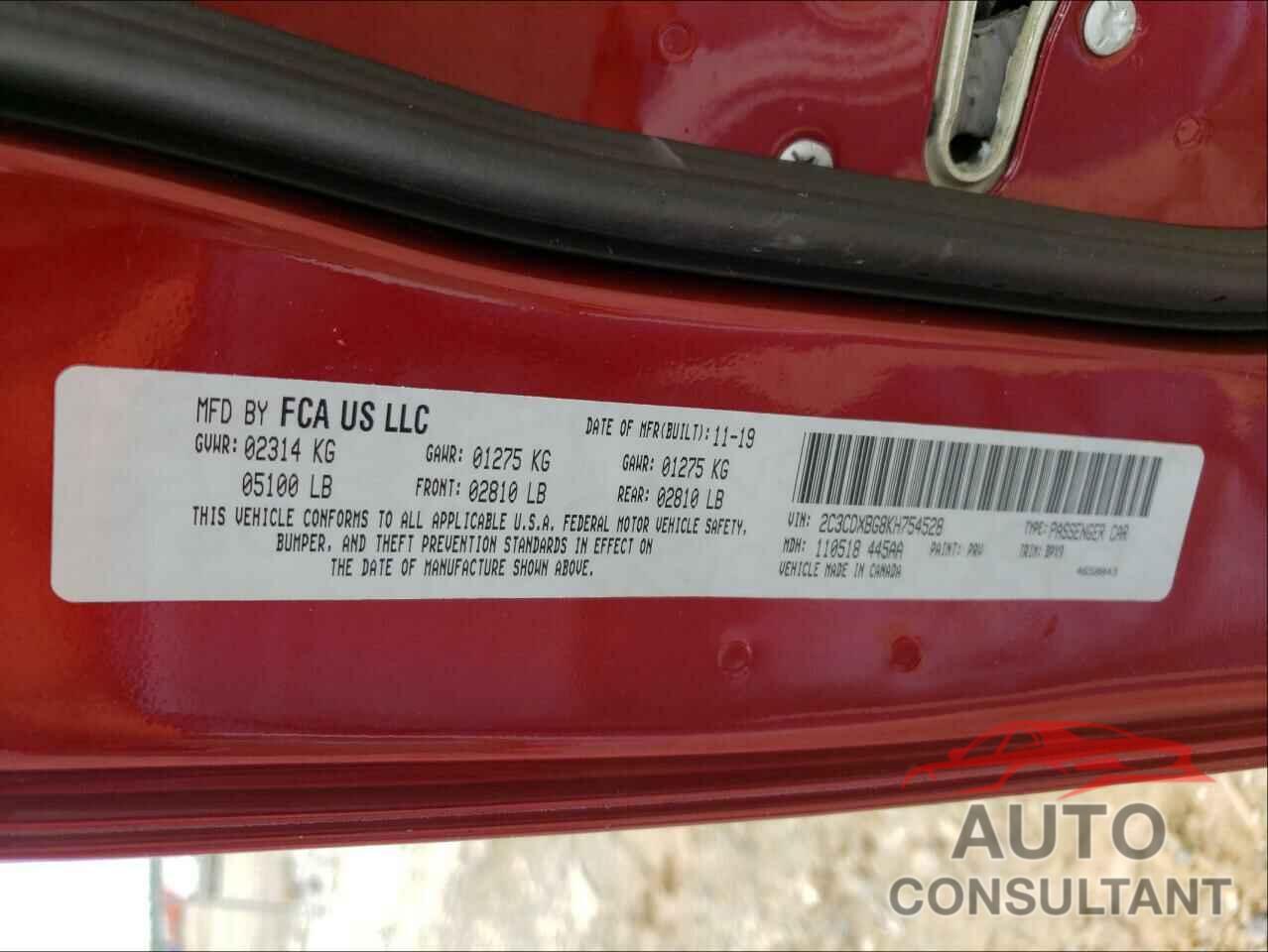 DODGE CHARGER 2019 - 2C3CDXBG8KH754528