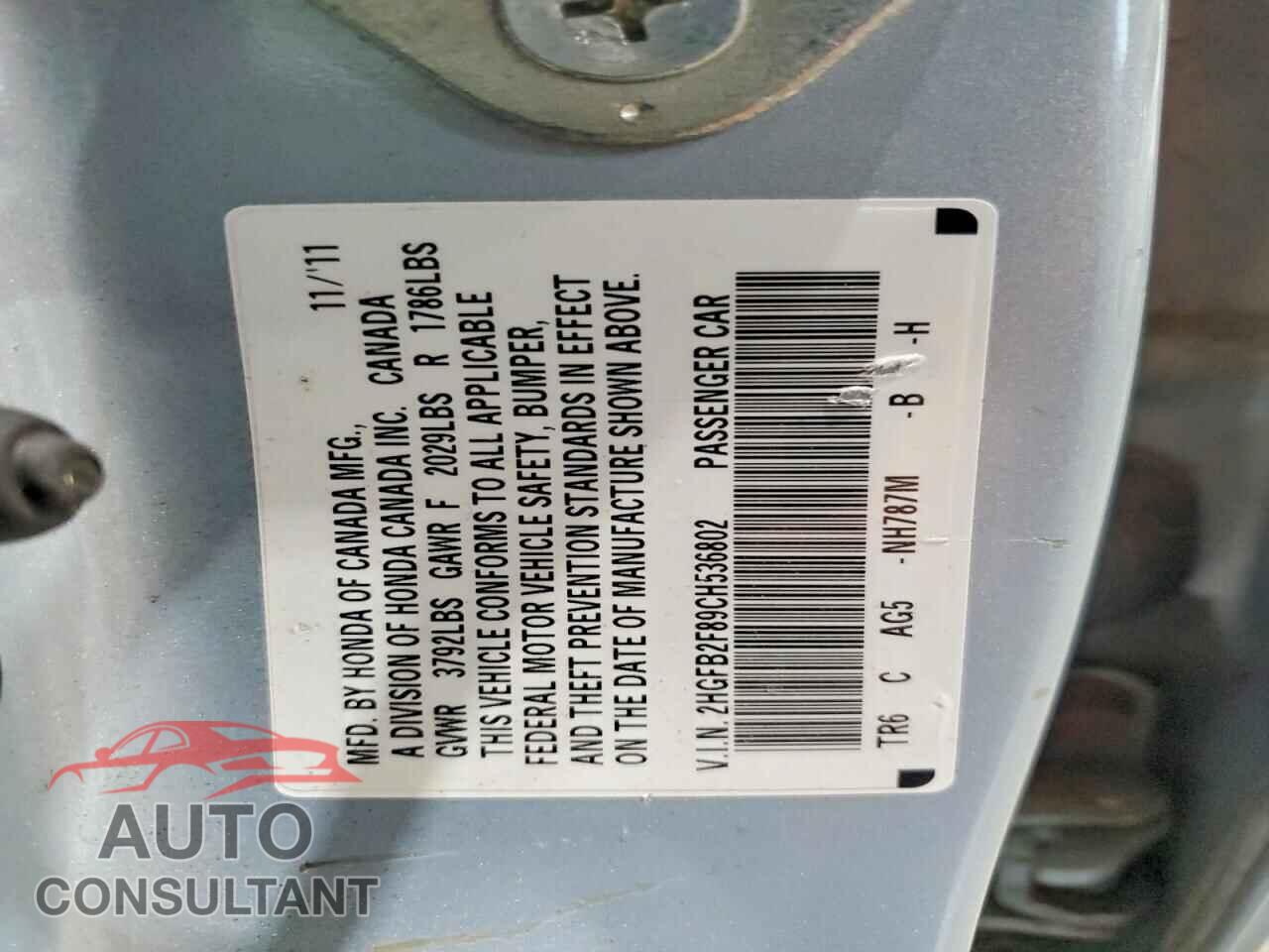 HONDA CIVIC 2012 - 2HGFB2F89CH536802