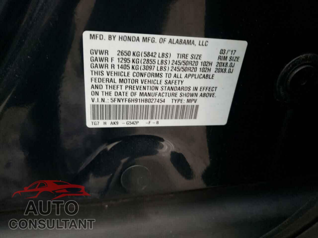 HONDA PILOT 2017 - 5FNYF6H91HB027454