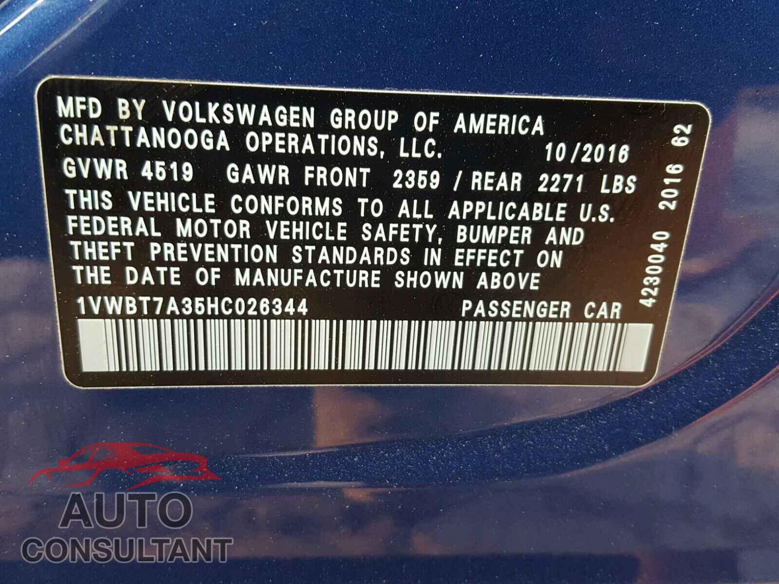 VOLKSWAGEN PASSAT 2017 - 1VWBT7A35HC026344