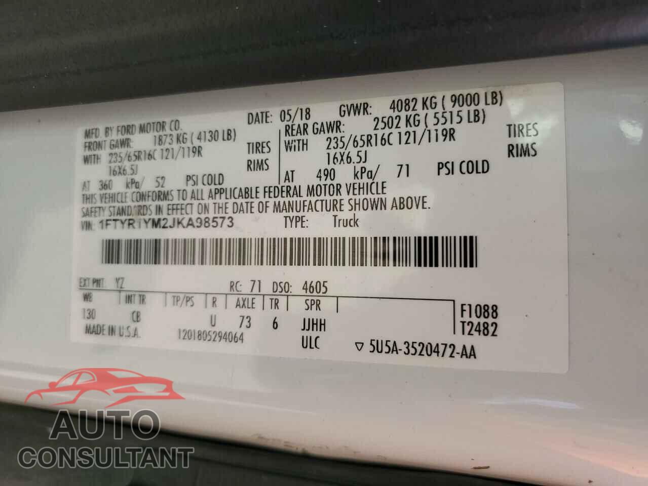FORD TRANSIT 2018 - 1FTYR1YM2JKA98573