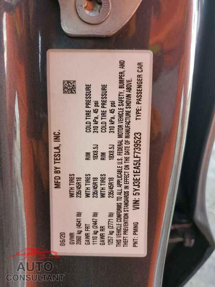 TESLA MODEL 3 2020 - 5YJ3E1EA5LF739523
