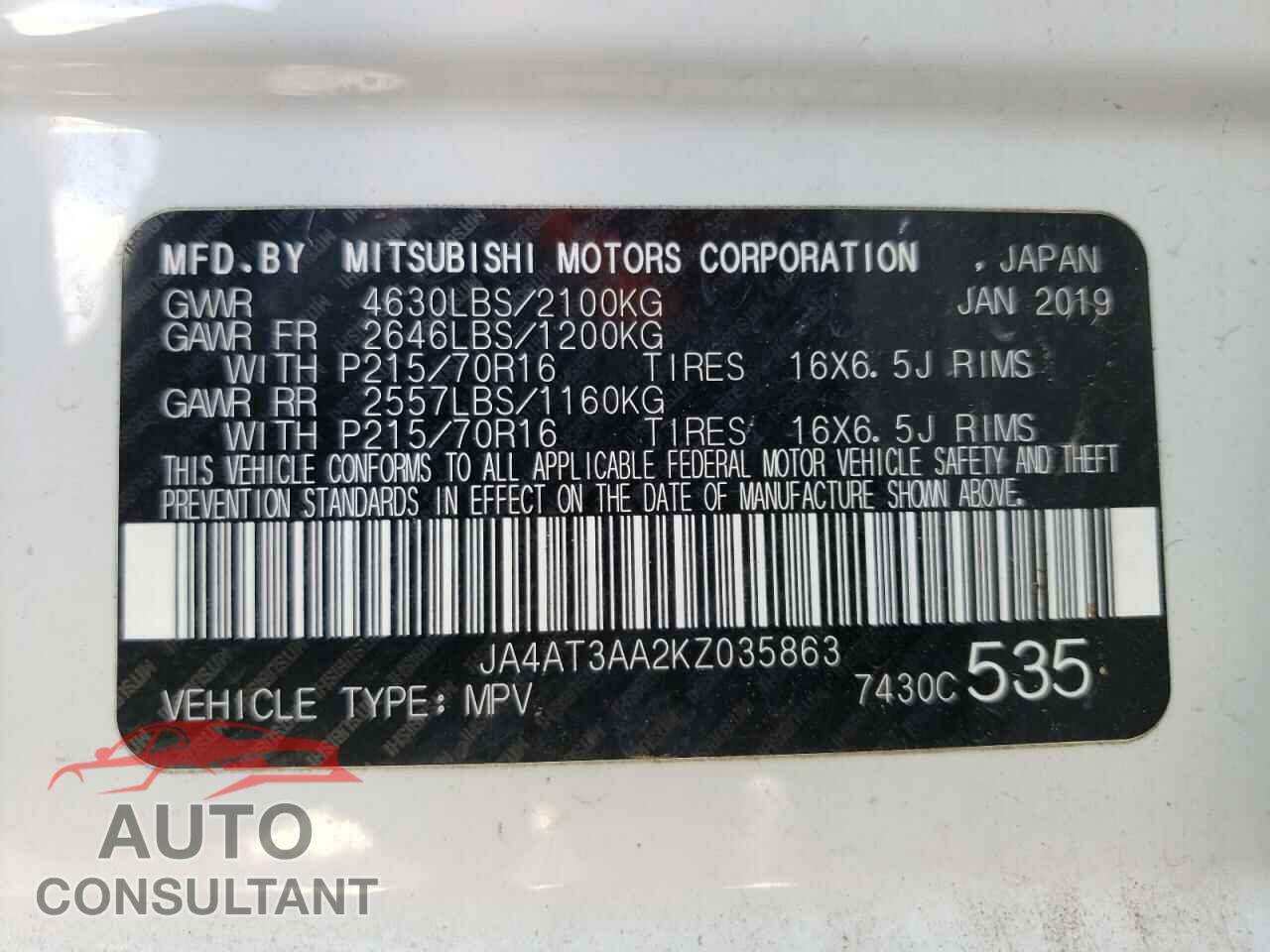 MITSUBISHI ECLIPSE 2019 - JA4AT3AA2KZ035863