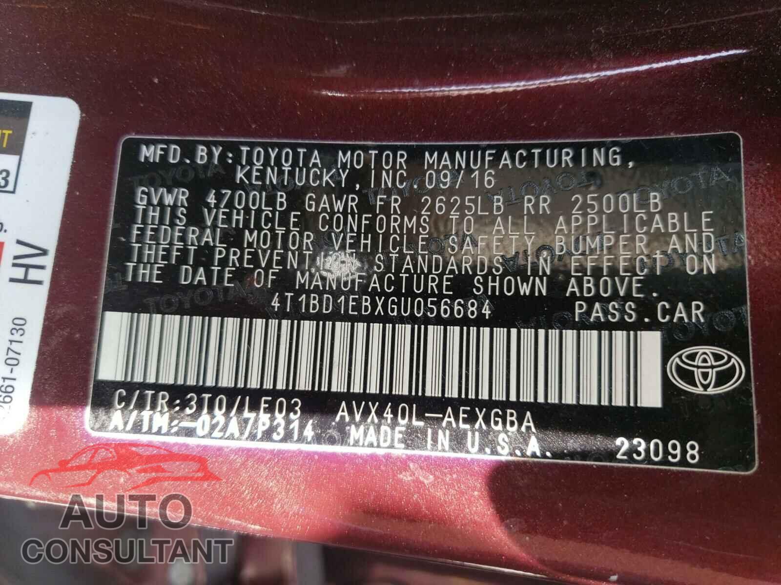 TOYOTA AVALON 2016 - 4T1BD1EBXGU056684