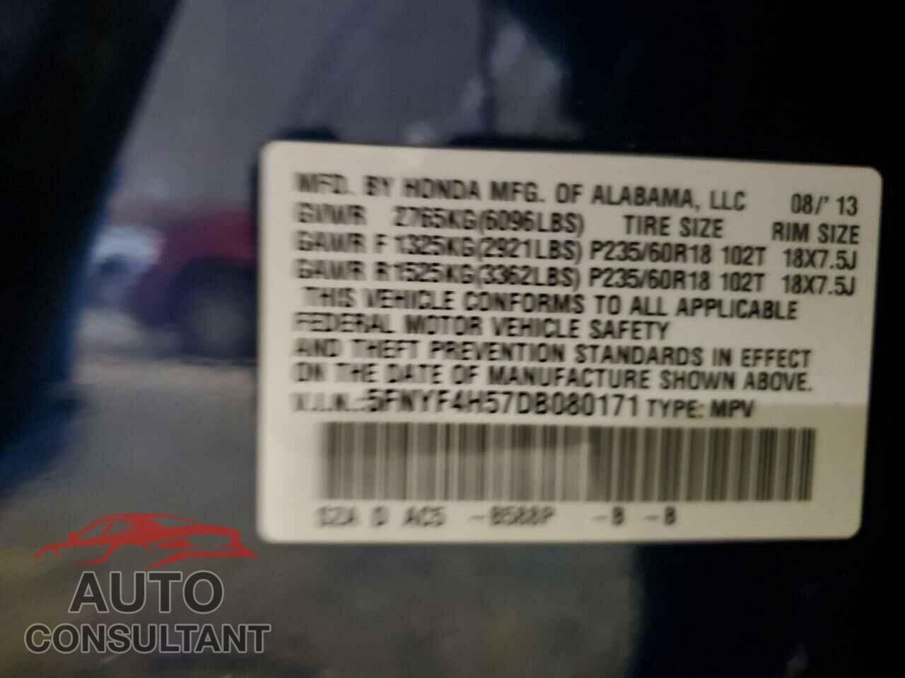 HONDA PILOT 2013 - 5FNYF4H57DB080171