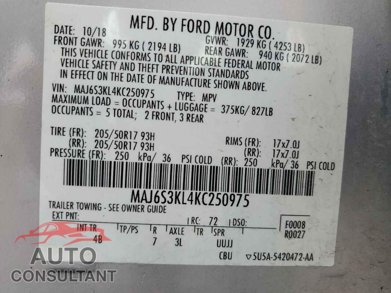 FORD ECOSPORT 2019 - MAJ6S3KL4KC250975