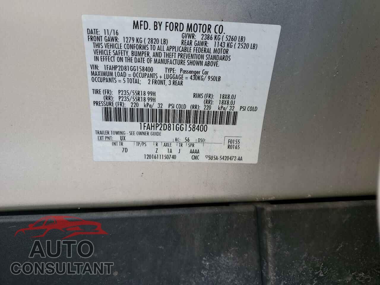FORD TAURUS 2016 - 1FAHP2D81GG158400