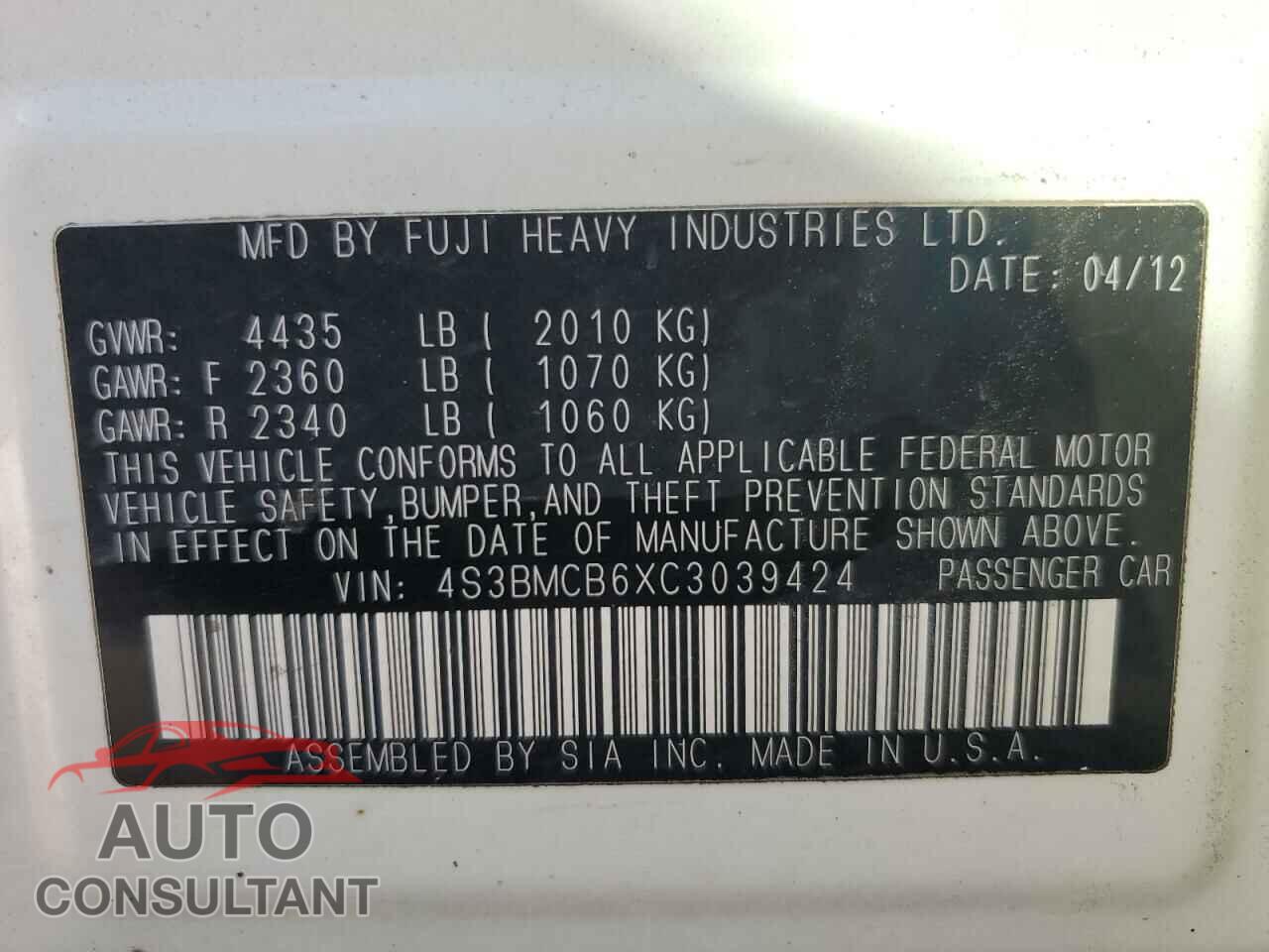 SUBARU LEGACY 2012 - 4S3BMCB6XC3039424