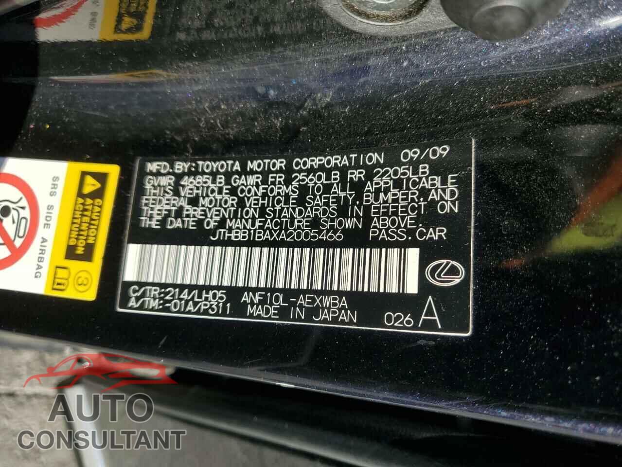 LEXUS HS 2010 - JTHBB1BAXA2005466