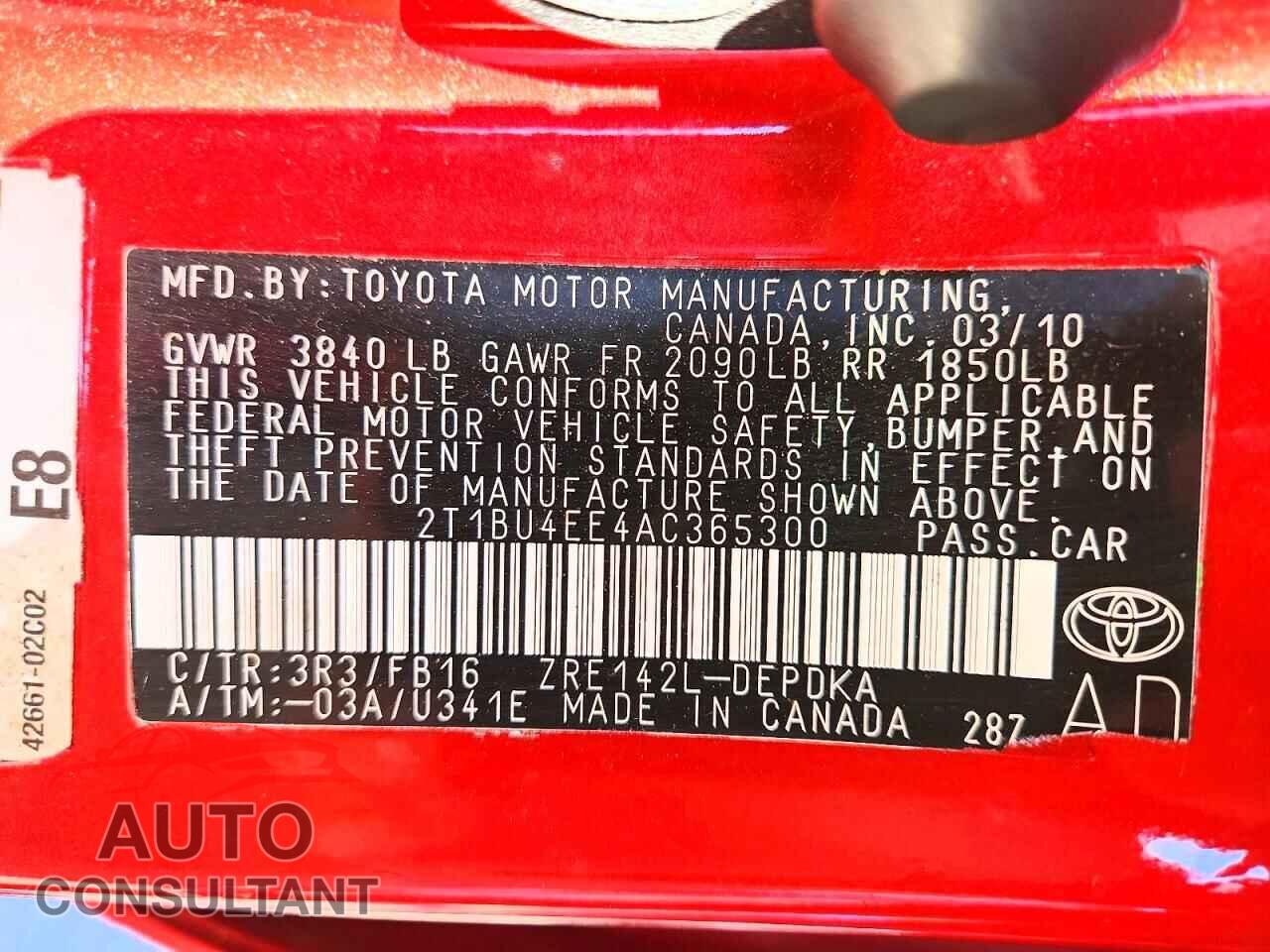 TOYOTA COROLLA 2010 - 2T1BU4EE4AC365300