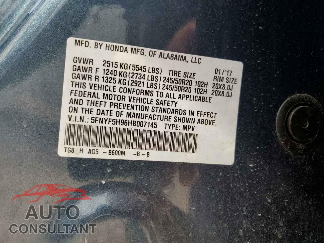 HONDA PILOT 2017 - 5FNYF5H96HB007145