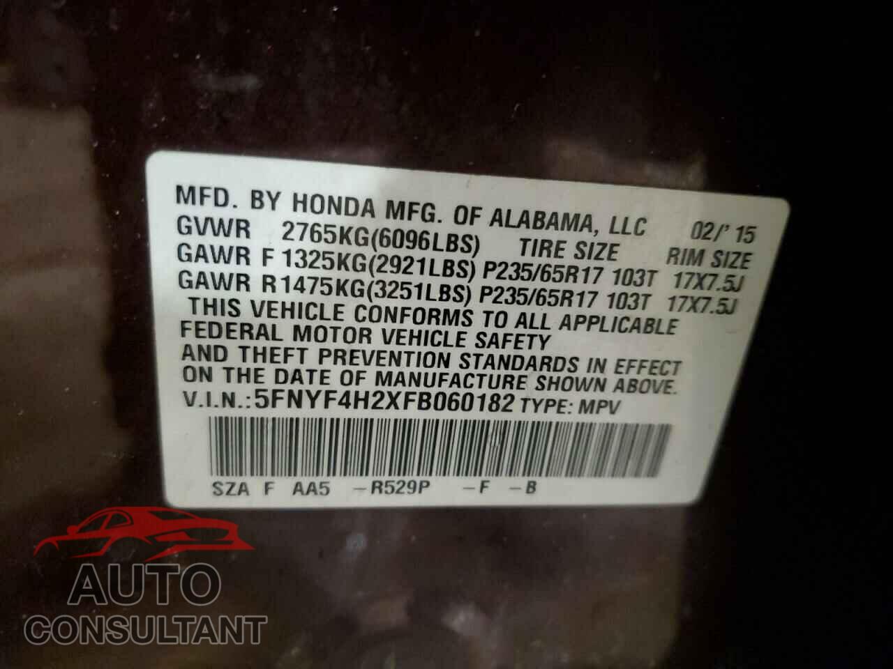 HONDA PILOT 2015 - 5FNYF4H2XFB060182