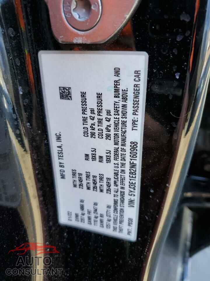 TESLA MODEL 3 2022 - 5YJ3E1EB2NF160968