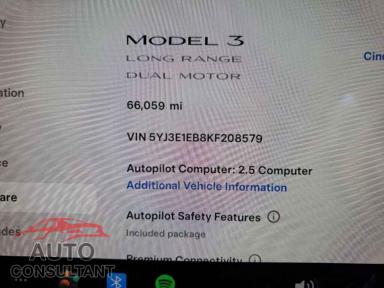 TESLA MODEL 3 2019 - 5YJ3E1EB8KF208579