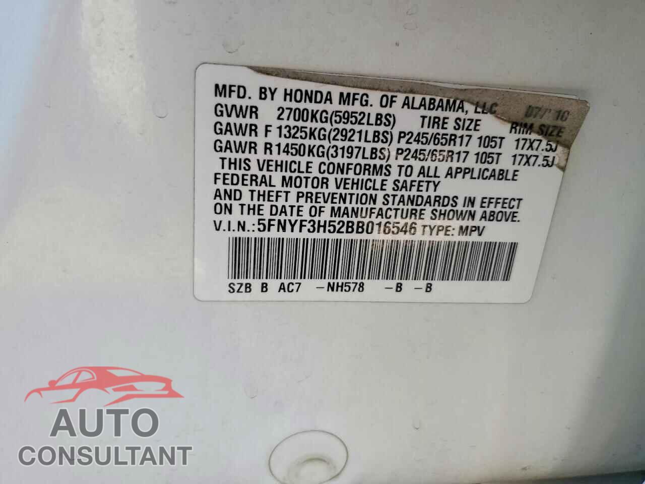 HONDA PILOT 2011 - 5FNYF3H52BB016546