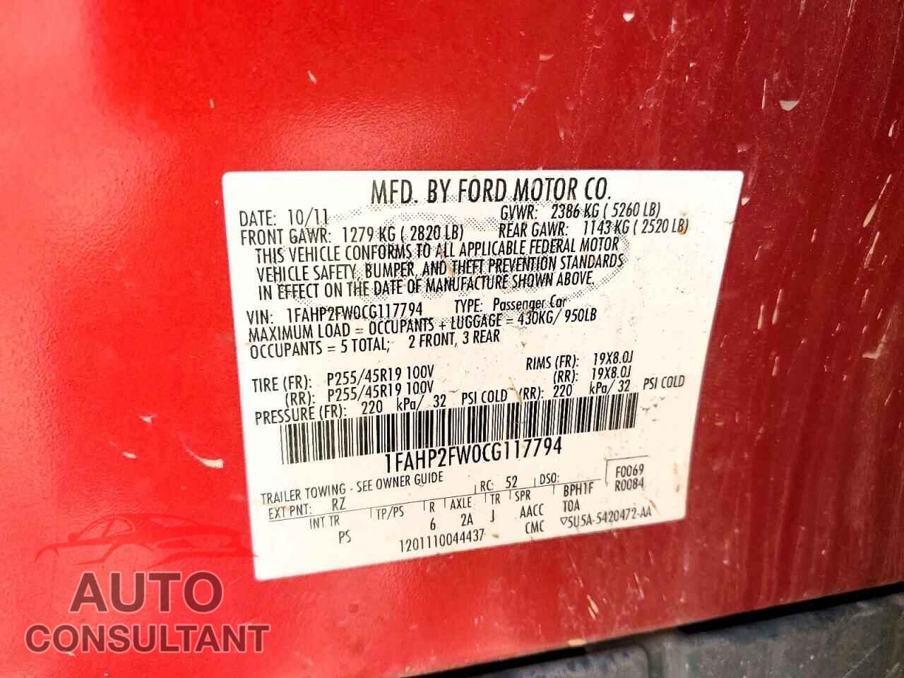 FORD TAURUS 2012 - 1FAHP2FW0CG117794