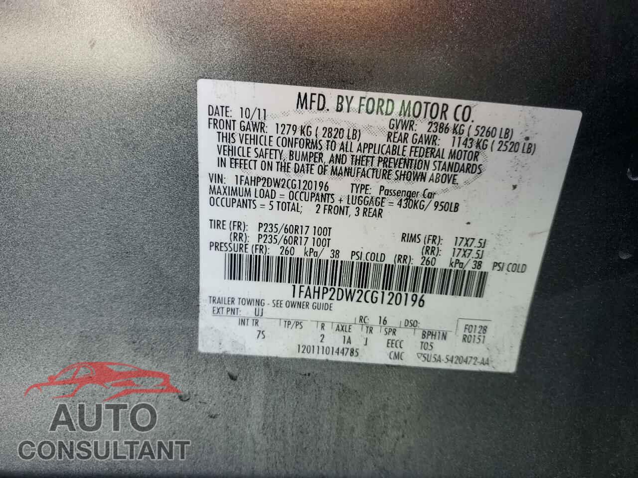 FORD TAURUS 2012 - 1FAHP2DW2CG120196