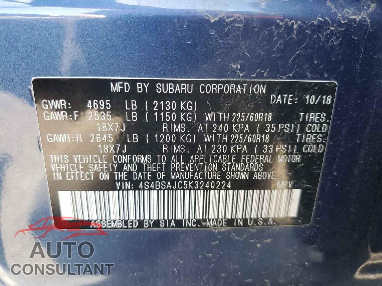 SUBARU OUTBACK 2019 - 4S4BSAJC5K3240224
