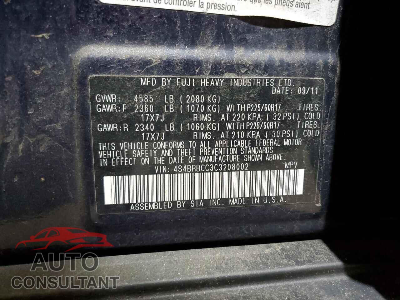 SUBARU OUTBACK 2012 - 4S4BRBCC3C3208002