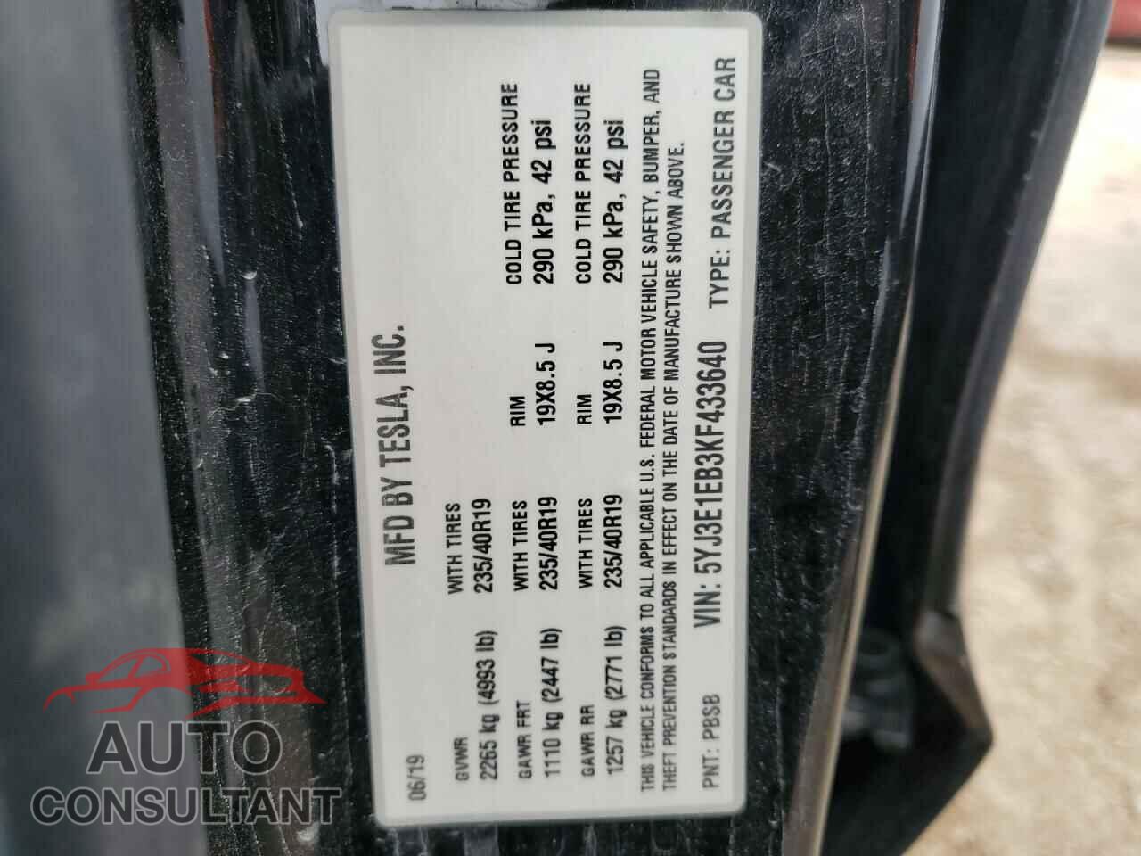 TESLA MODEL 3 2019 - 5YJ3E1EB3KF433640