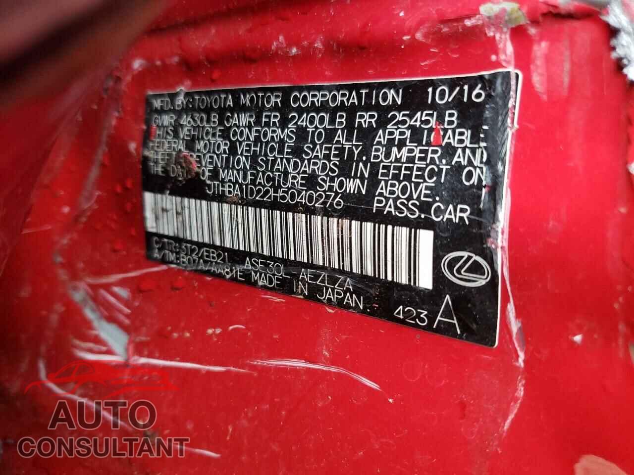 LEXUS IS 2017 - JTHBA1D22H5040276