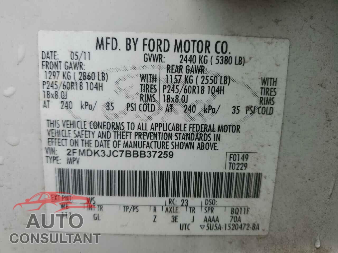 FORD EDGE 2011 - 2FMDK3JC7BBB37259
