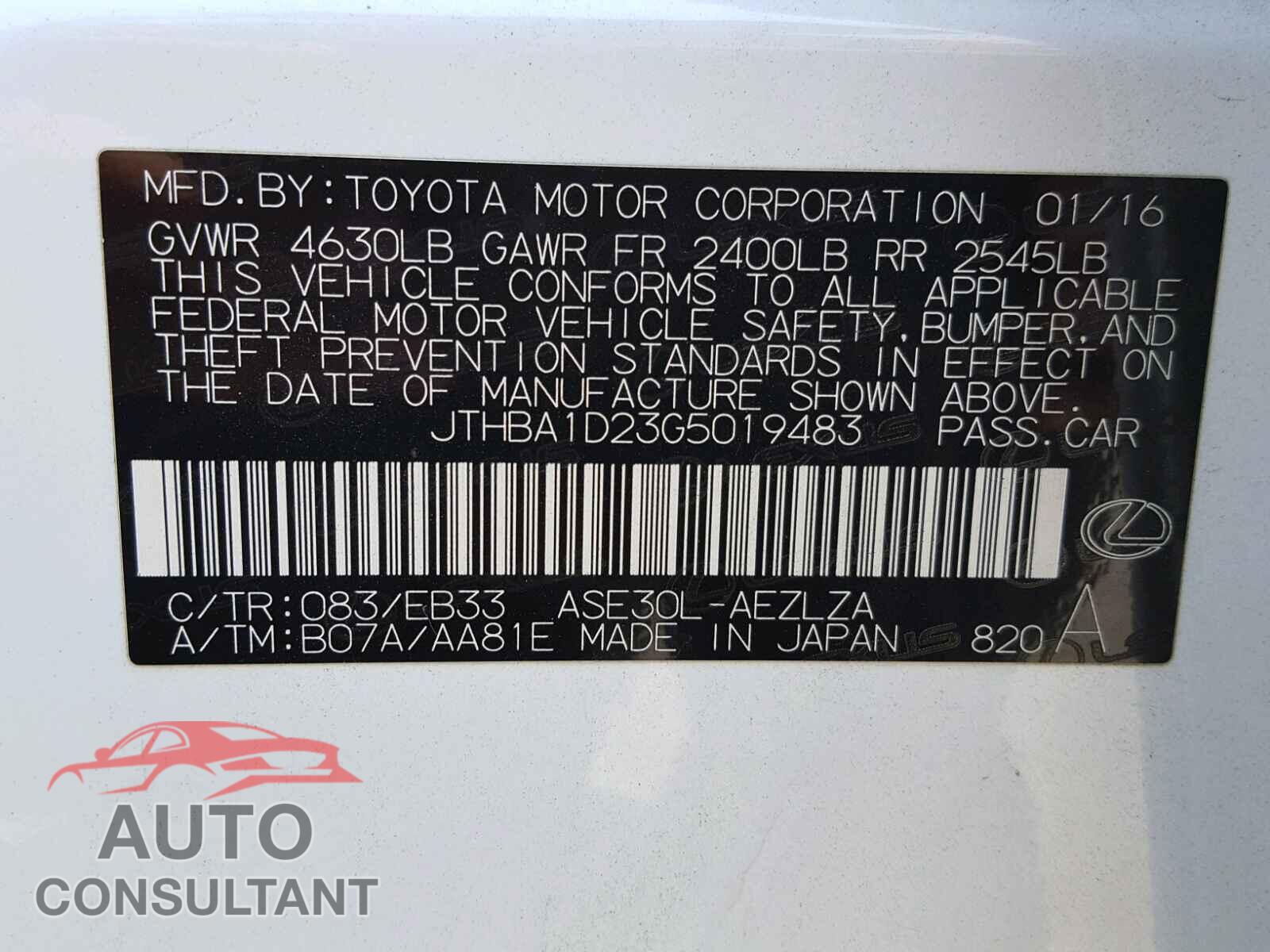 LEXUS IS 2016 - JTHBA1D23G5019483