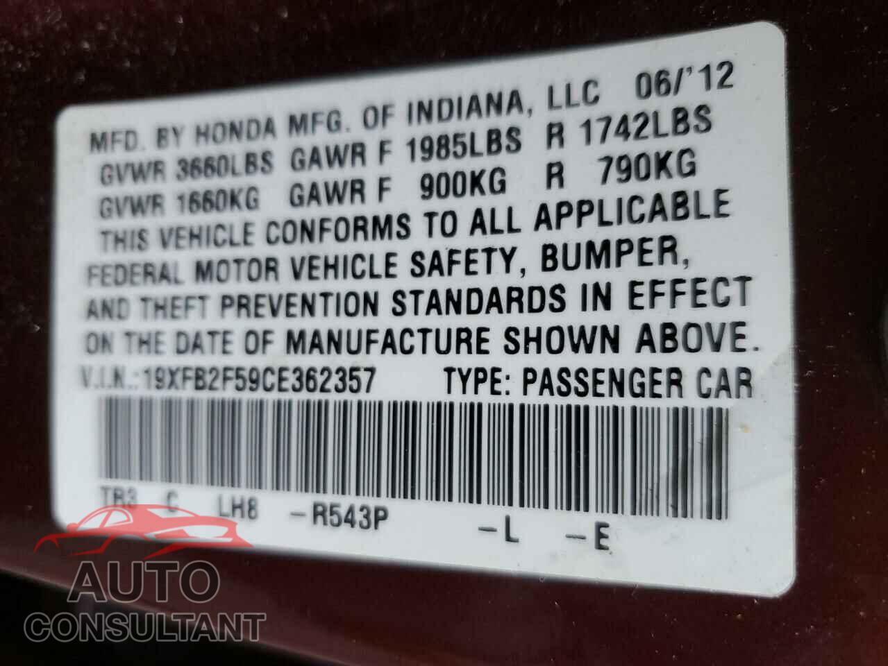 HONDA CIVIC 2012 - 19XFB2F59CE362357