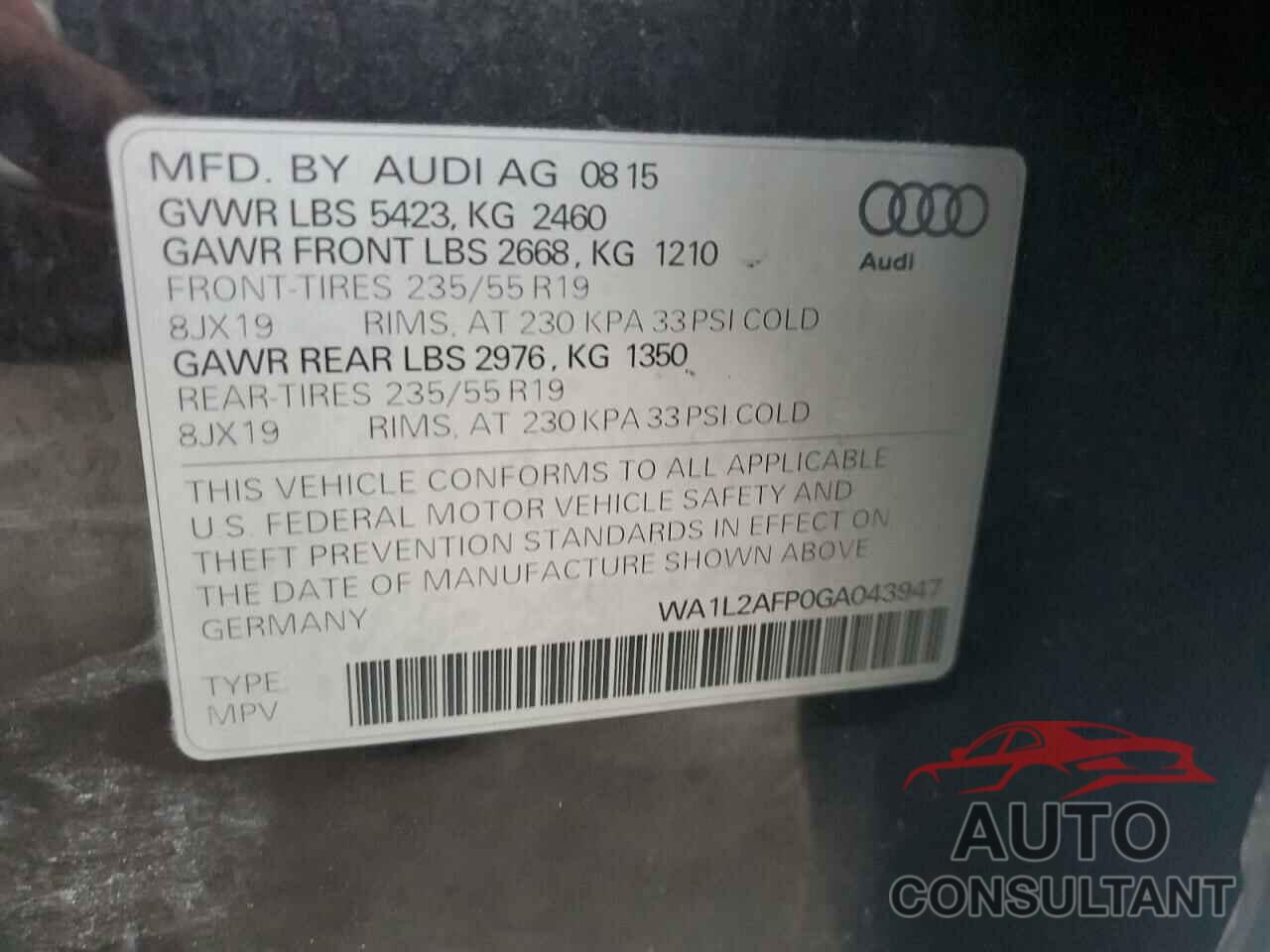 AUDI Q5 2016 - WA1L2AFP0GA043947