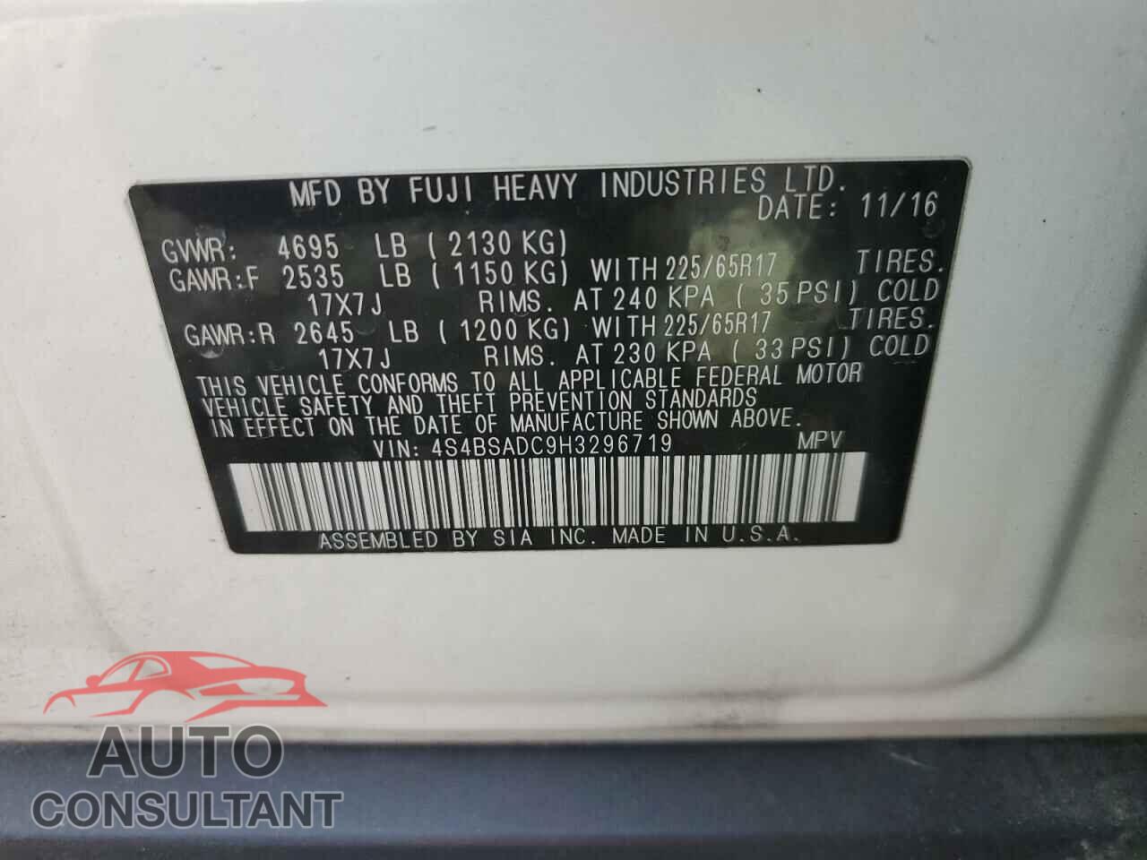 SUBARU OUTBACK 2017 - 4S4BSADC9H3296719