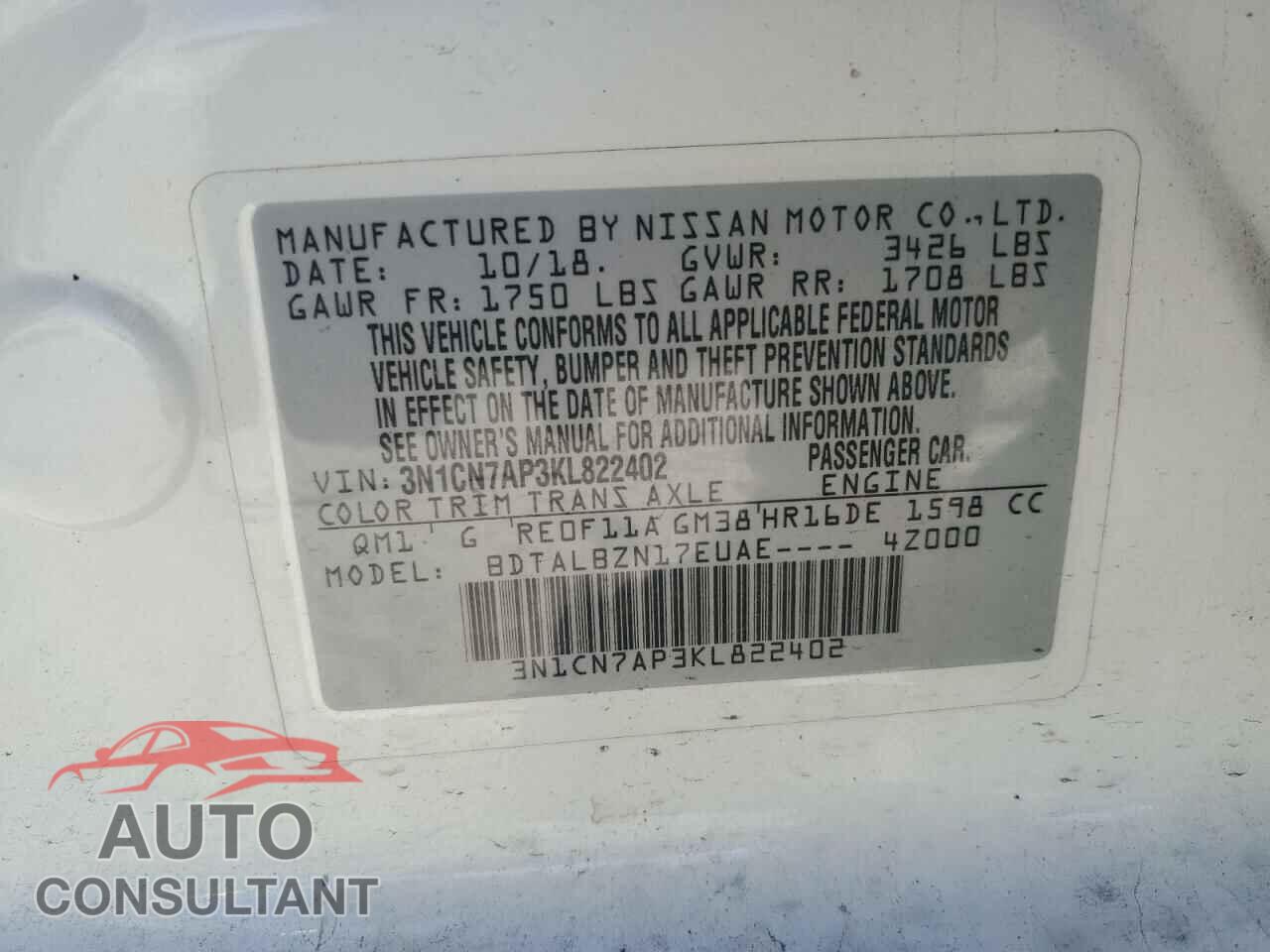 NISSAN VERSA 2019 - 3N1CN7AP3KL822402