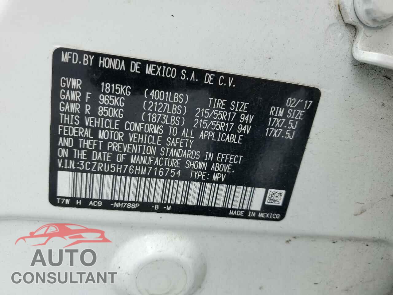 HONDA HR-V 2017 - 3CZRU5H76HM716754