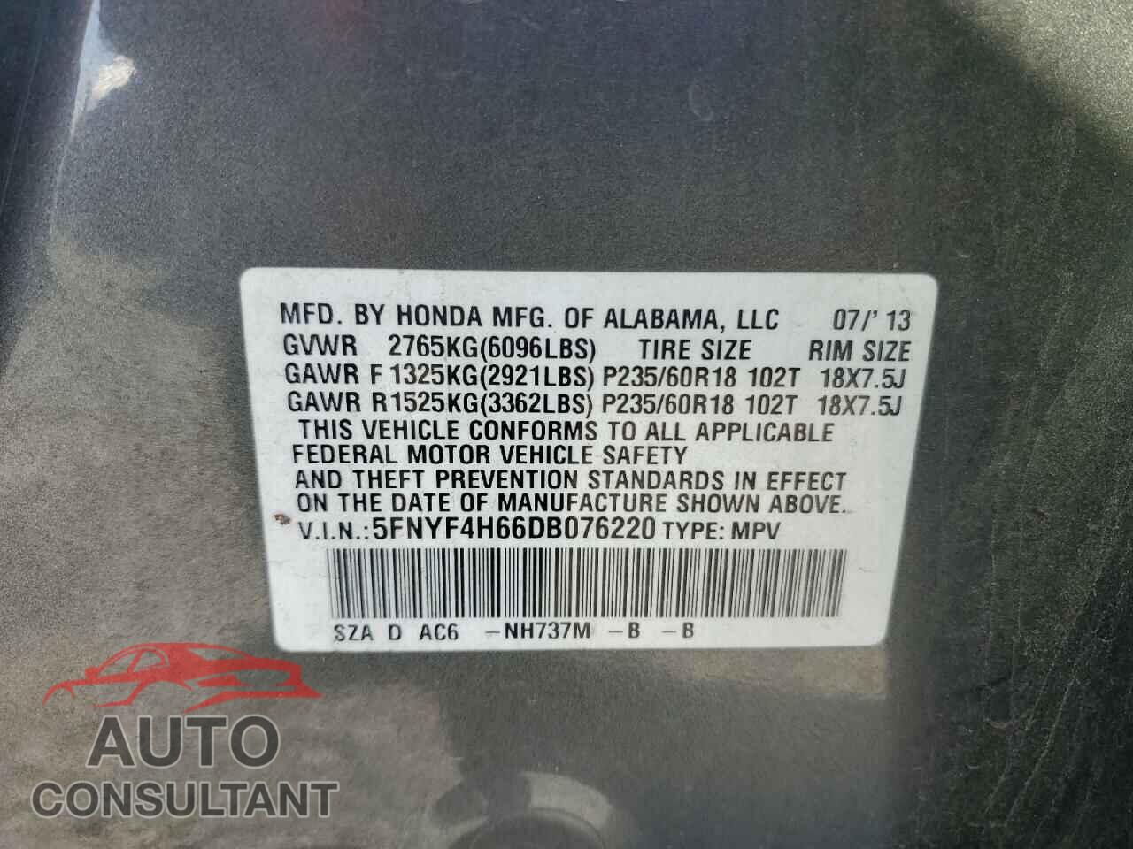 HONDA PILOT 2013 - 5FNYF4H66DB076220