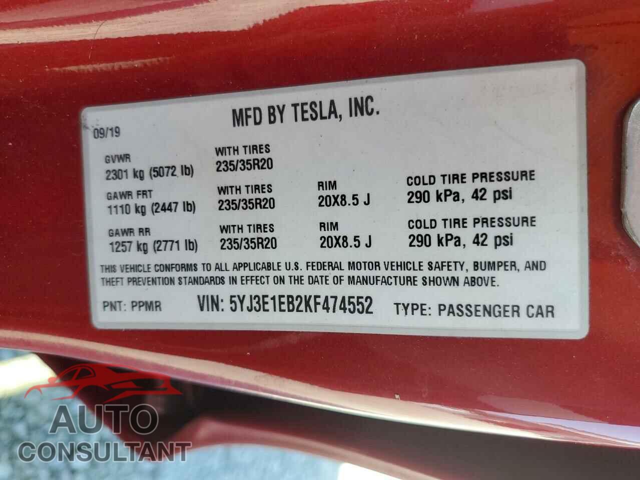 TESLA MODEL 3 2019 - 5YJ3E1EB2KF474552