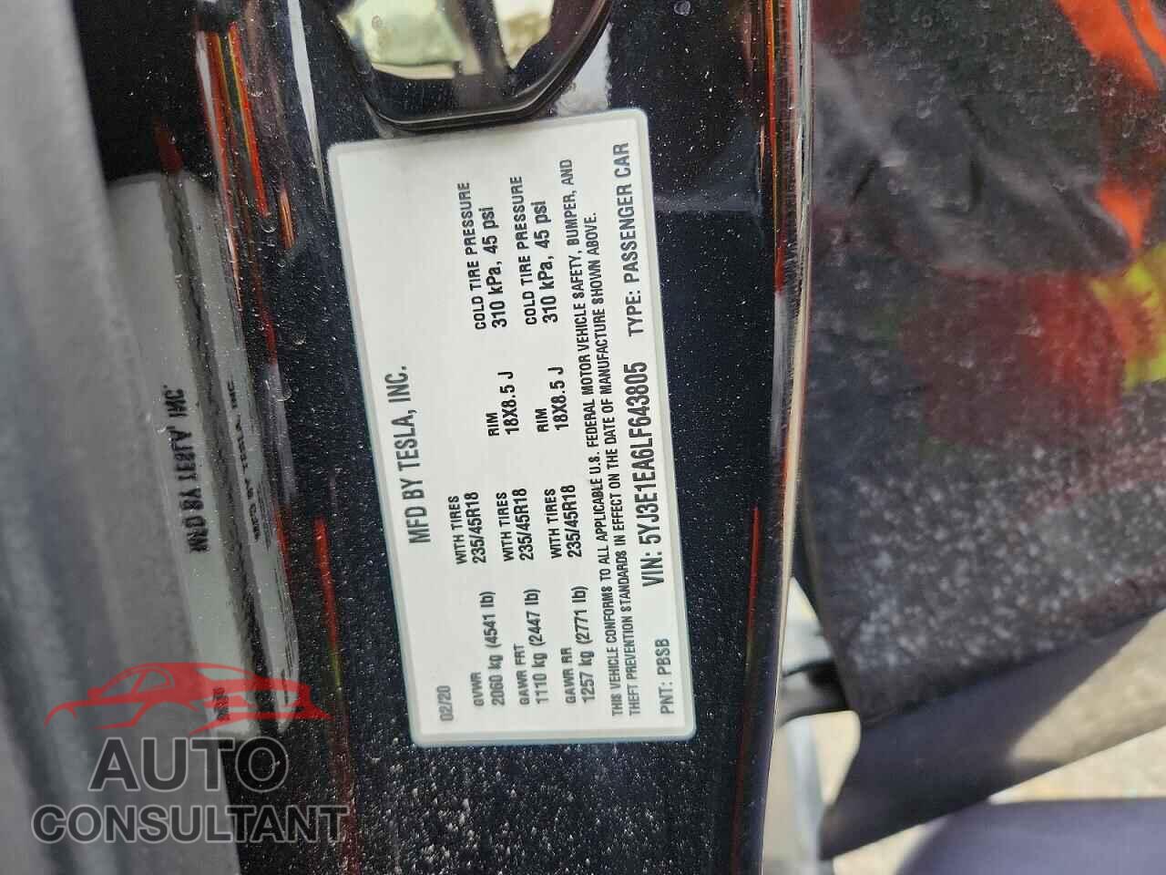 TESLA MODEL 3 2020 - 5YJ3E1EA6LF643805