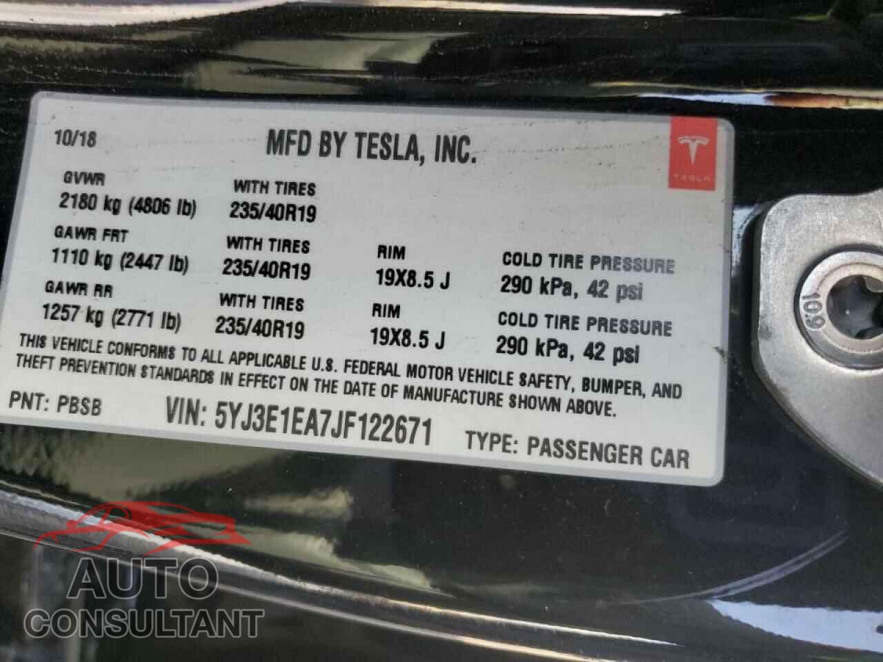 TESLA MODEL 3 2018 - 5YJ3E1EA7JF122671
