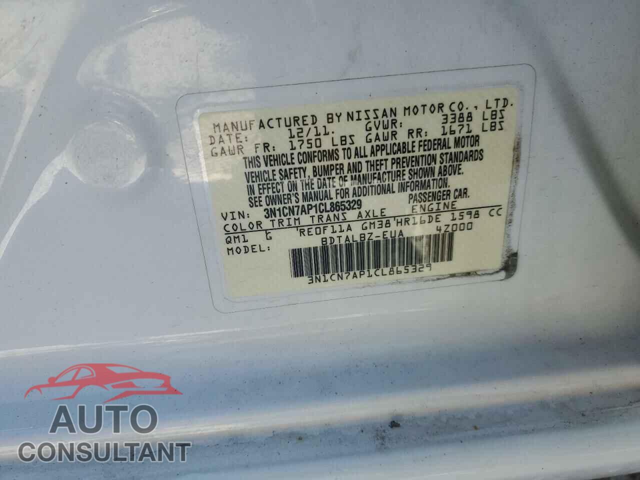 NISSAN VERSA 2012 - 3N1CN7AP1CL865329