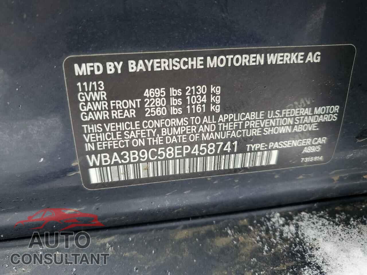 BMW 3 SERIES 2014 - WBA3B9C58EP458741