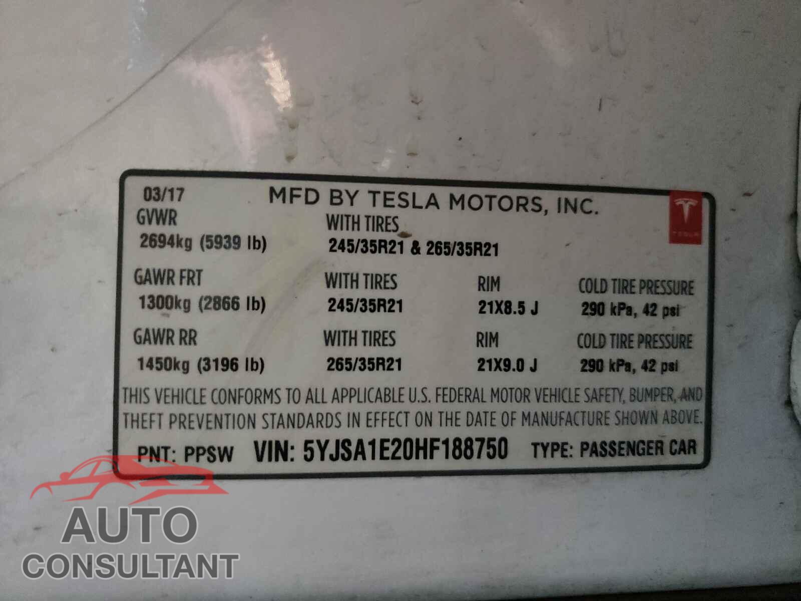 TESLA MODEL S 2017 - 5YJSA1E20HF188750