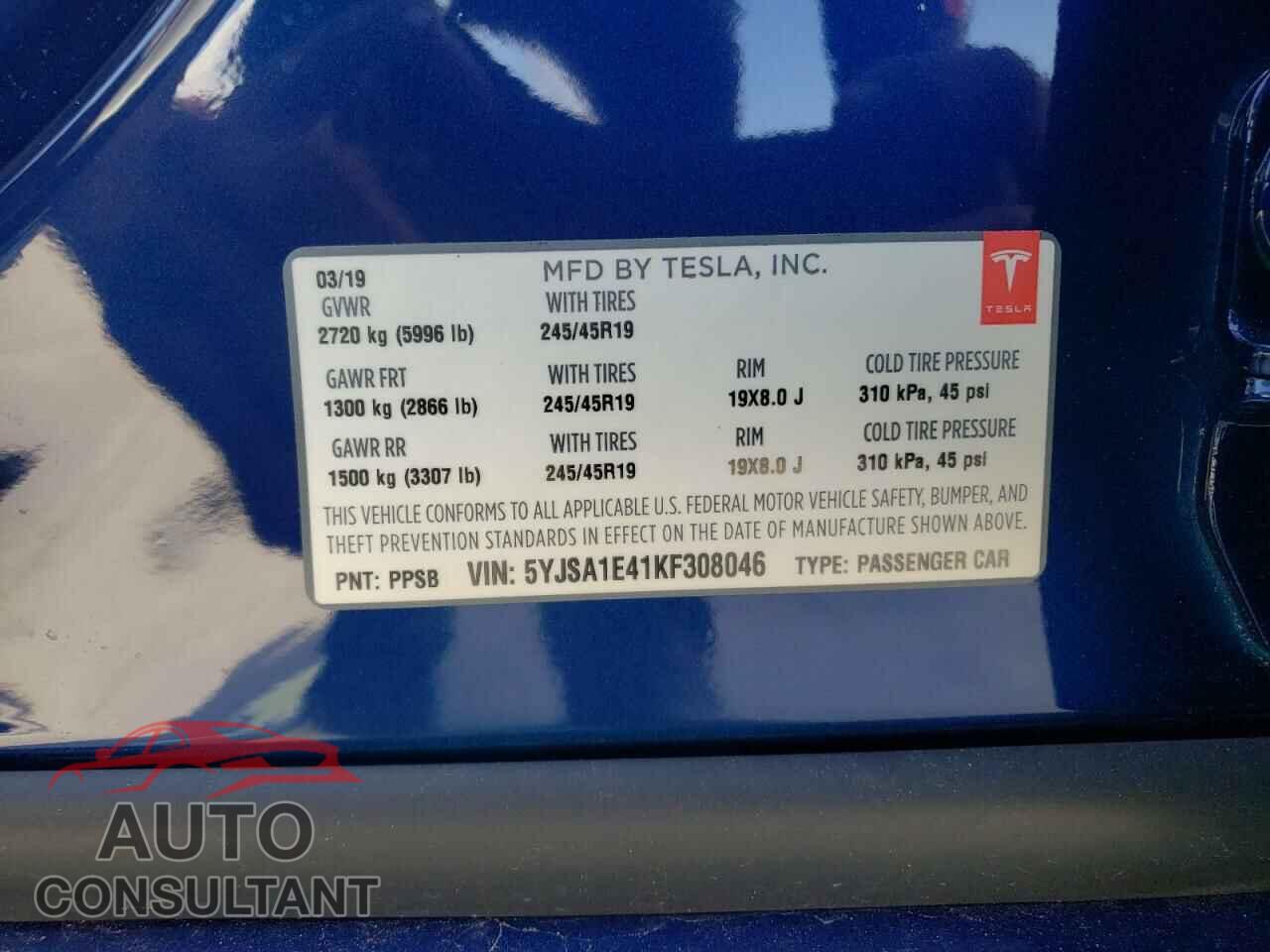 TESLA MODEL S 2019 - 5YJSA1E41KF308046