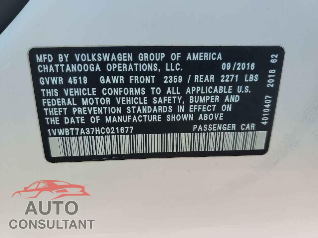 VOLKSWAGEN PASSAT 2017 - 1VWBT7A37HC021677