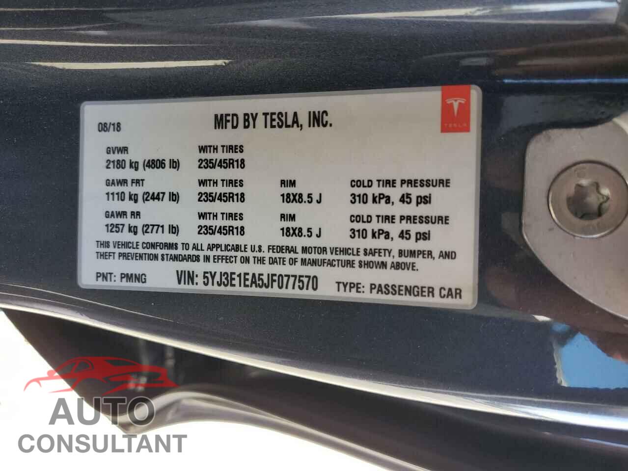TESLA MODEL 3 2018 - 5YJ3E1EA5JF077570