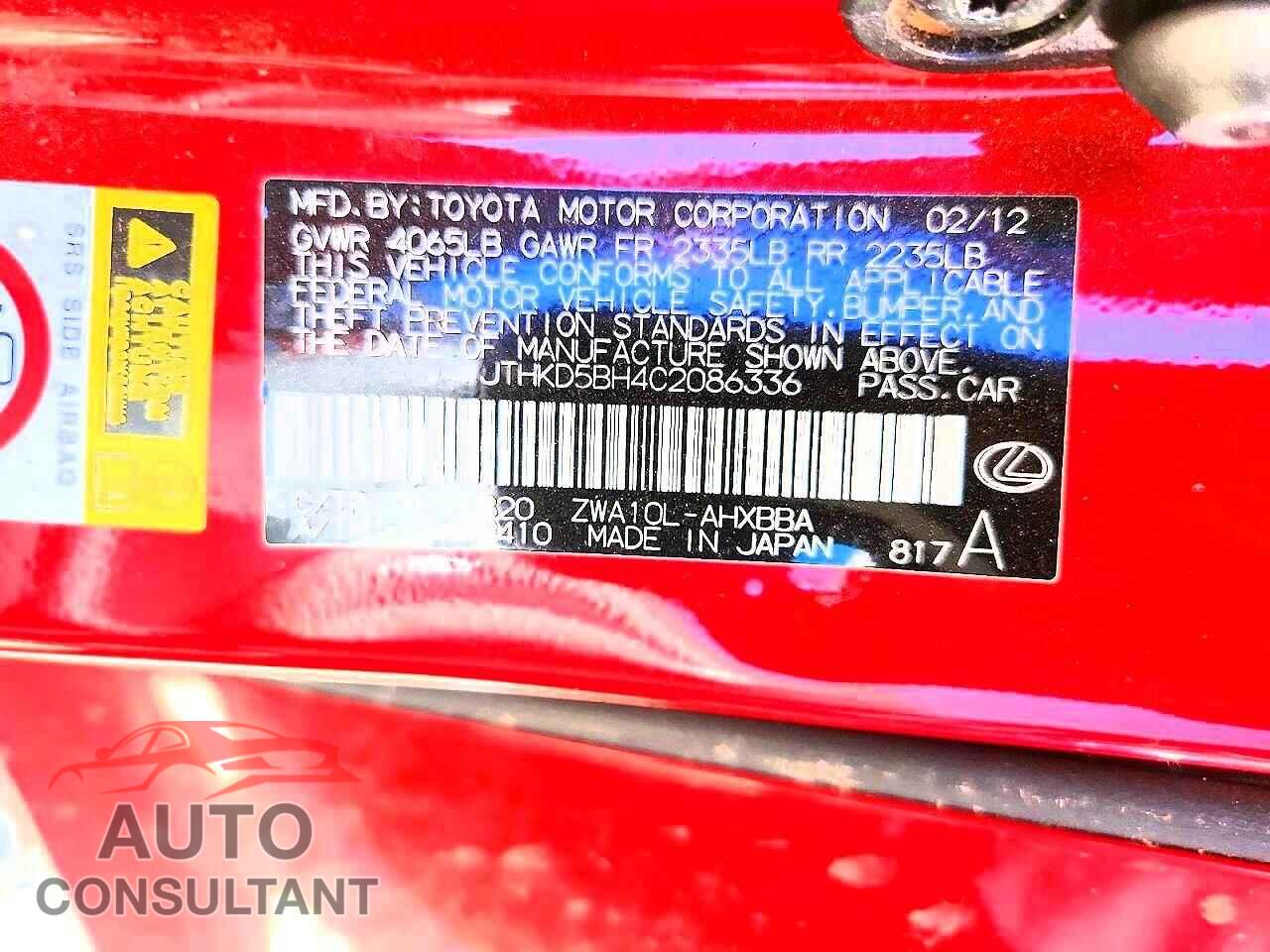 LEXUS CT 200 2012 - JTHKD5BH4C2086336