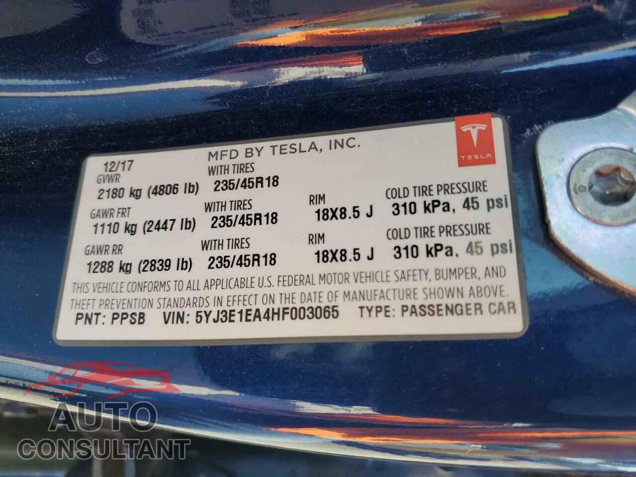 TESLA MODEL 3 2017 - 5YJ3E1EA4HF003065