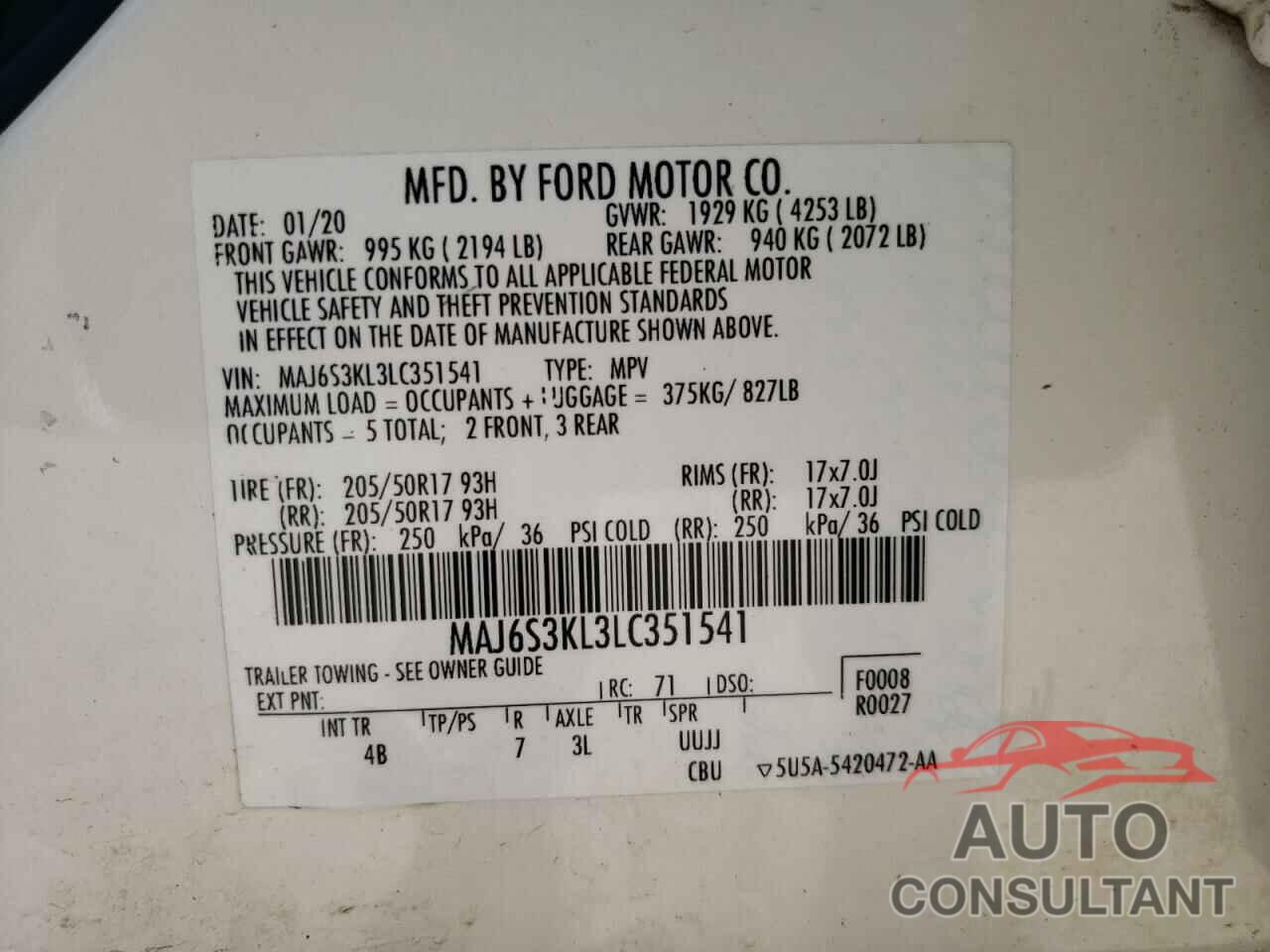 FORD ALL OTHER 2020 - MAJ6S3KL3LC351541